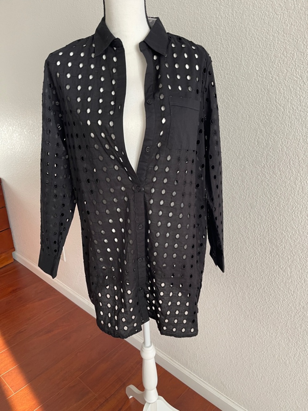 Black Eyelet Button-Front Shirt Jacket - Breathable Layering Piece